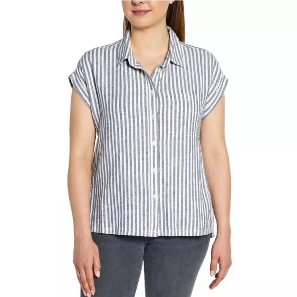 Orvis Classic Collection Striped Linen Blend Sz XL Short Sleeve Button Down